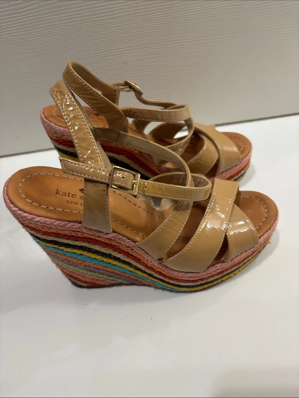 kate spade New York Women's Tan Patent Leather Wedge Sandals